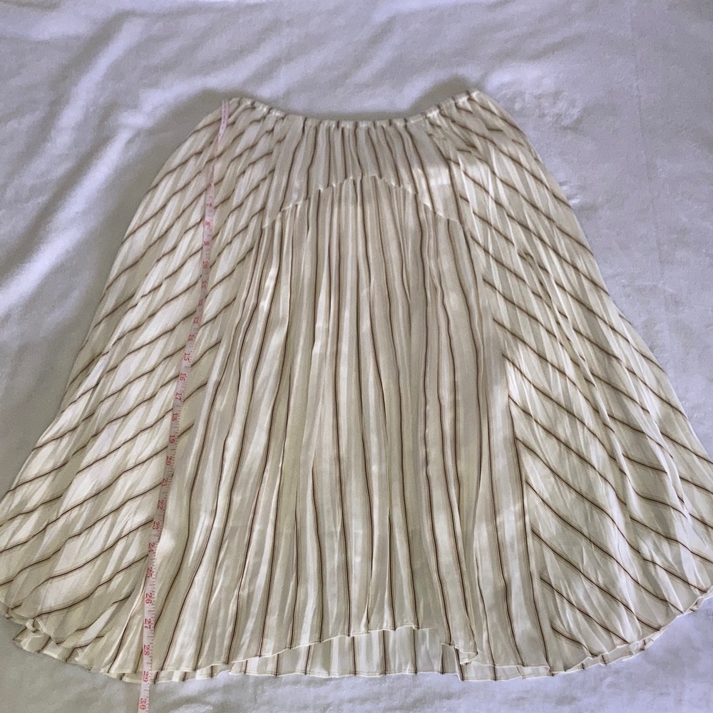 Vince Cream Pleated Midi Skirt with Brown Pinstripes
